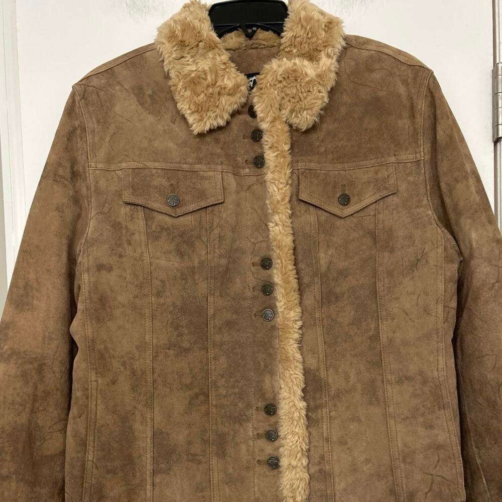 Black Rivet Brown Suede Leather Jacket Quilted Lined Sherpa Western Trucker XL - Picture 4 of 16
